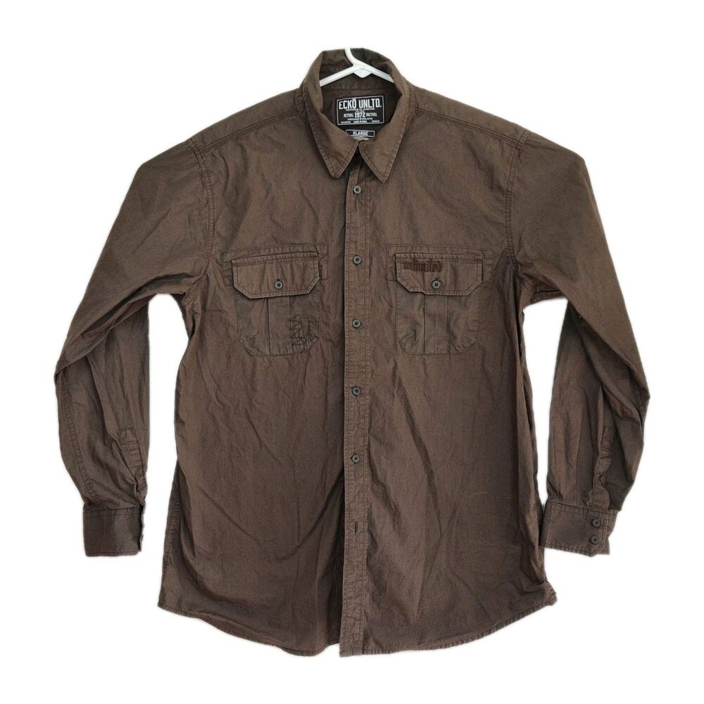 ECKO UNLTD. Button-up Embroidered Graphic Print Men's Shirt, XL, Brown